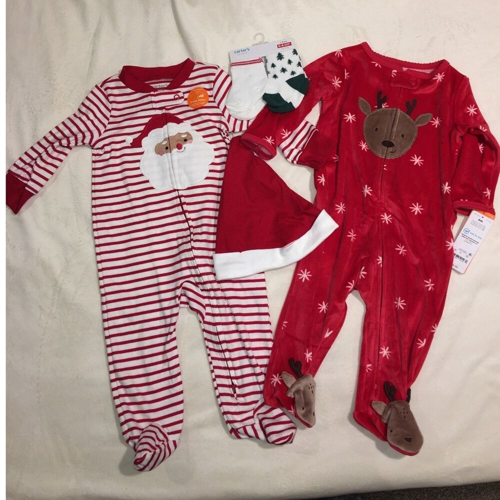Carters Baby 6M Christmas Pajamas Set Santa Reindeer Sleepers Hat Socks 5pc NWT